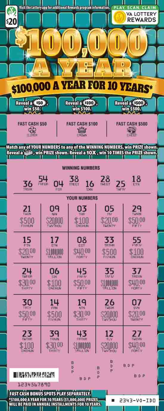 $100,000 A Year scratchcard - game number #2343 - front-scratched