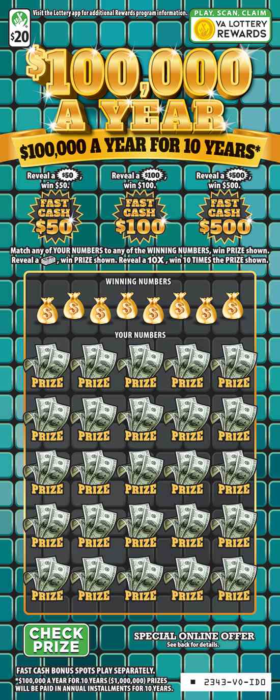 $100,000 A Year scratchcard - game number #2343 - front