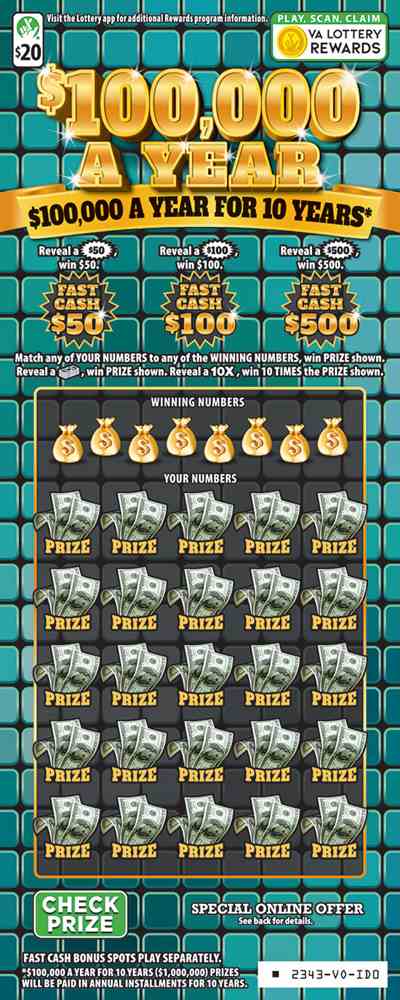 $100,000 A Year scratchcard - game number #2343 - front