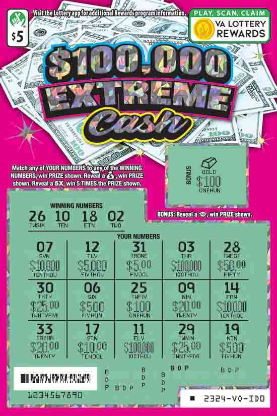 $100,000 Extreme Cash scratchcard - game number #2324 - front-scratched