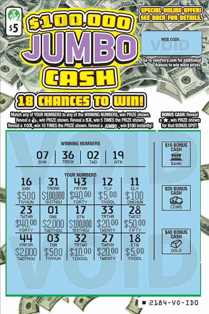 $100,000 Jumbo Cash scratchcard - game number #2184 - front-scratched