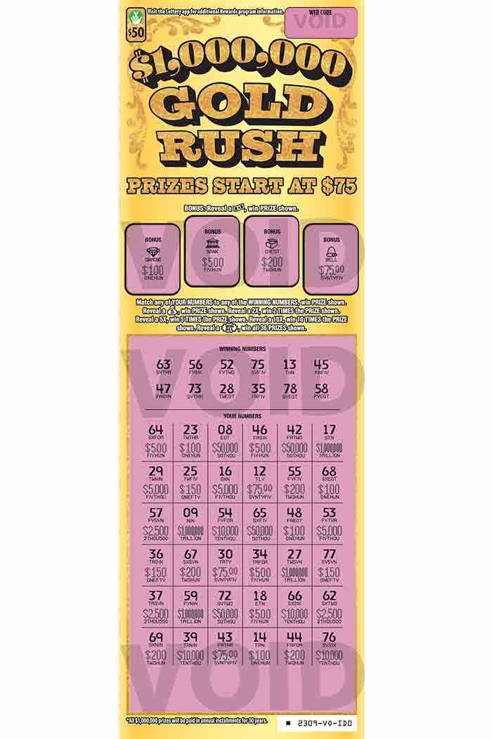$1,000,000 Gold Rush scratchcard - game number #2309 - front-scratched
