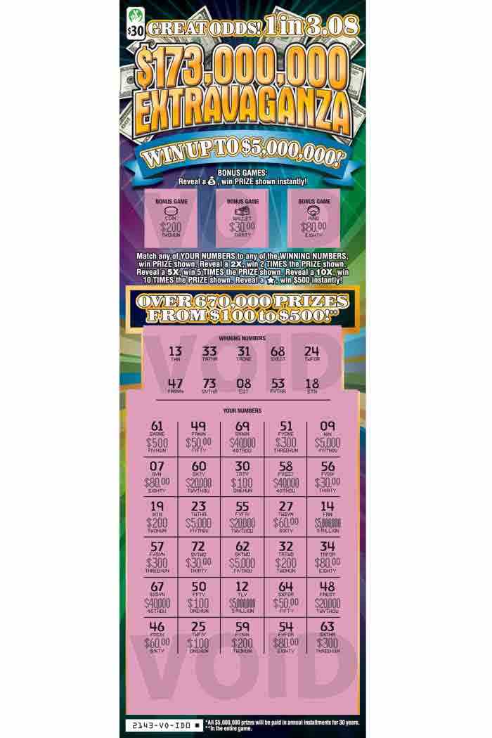 $173,000,000 Extravaganza scratchcard - game number #2143 - front-scratched