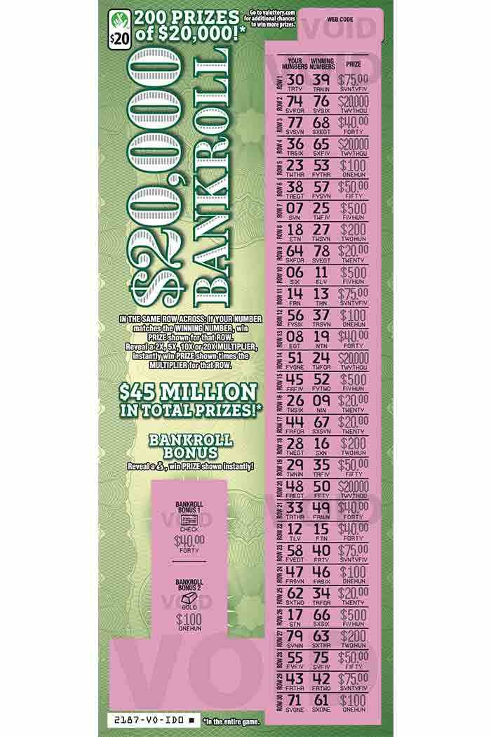 $20,000 Bankroll scratchcard - game number #2187 - front-scratched