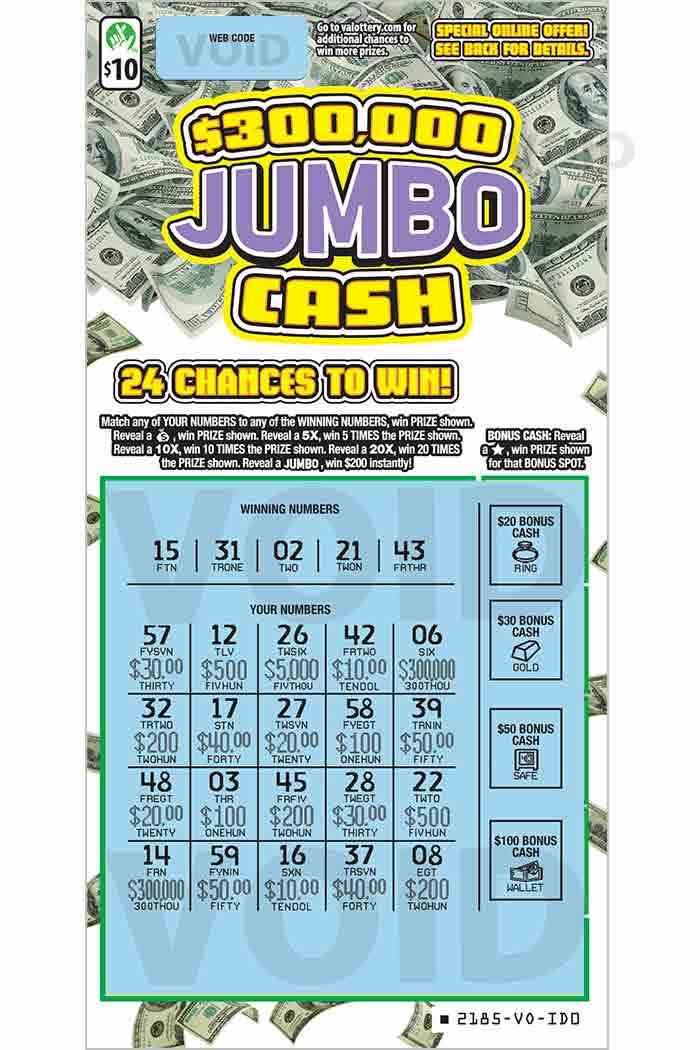 $300,000 Jumbo Cash                                scratchcard - game number #2185 - front