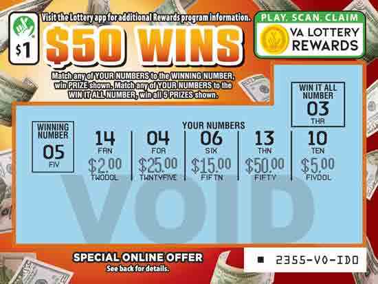 $50 Wins scratchcard - game number #2355 - front-scratched