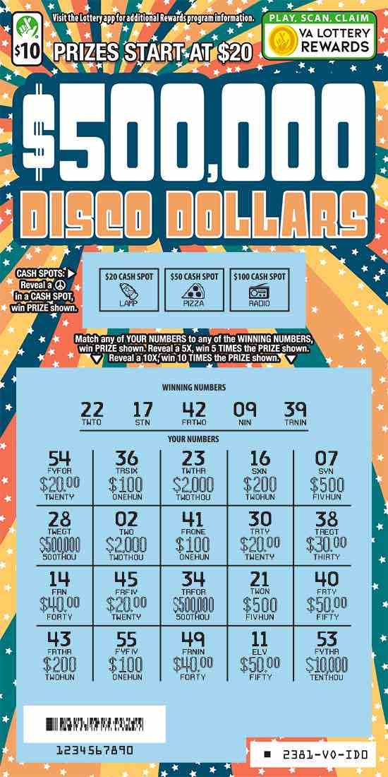 $500,000 Disco Dollars scratchcard - game number #2381 - front-scratched