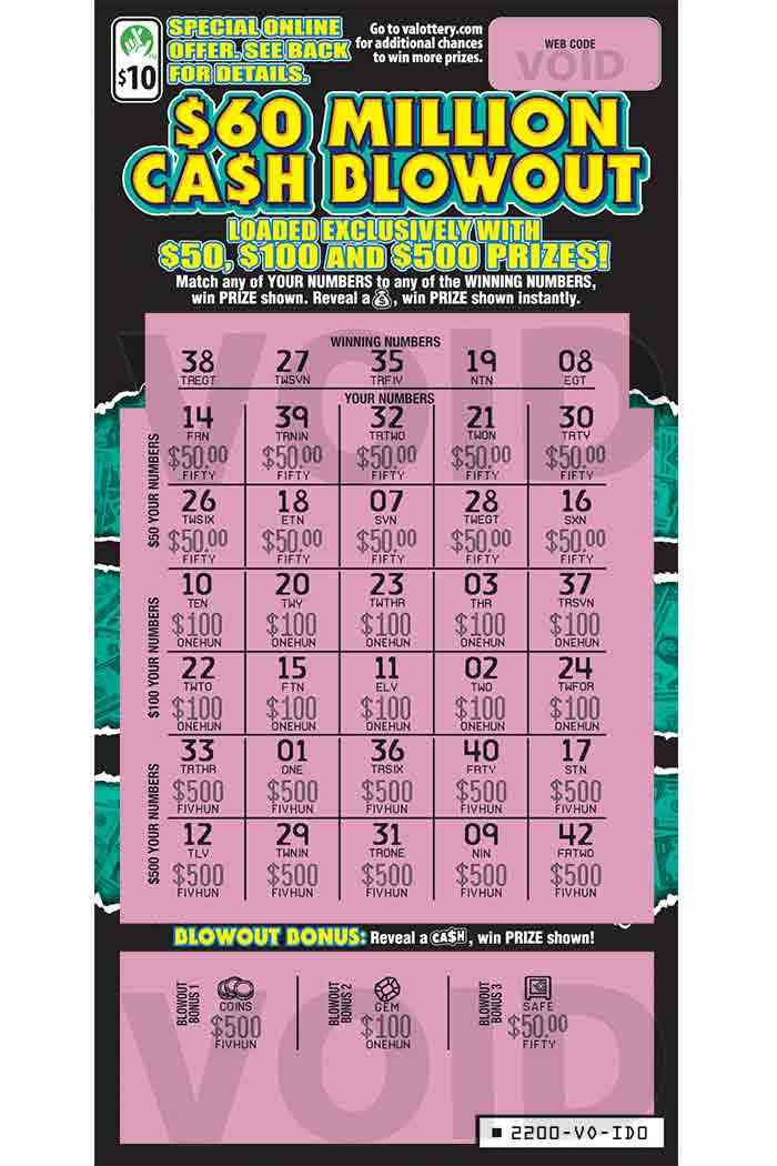 $60 Million Ca$H Blowout scratchcard - game number #2200 - front-scratched