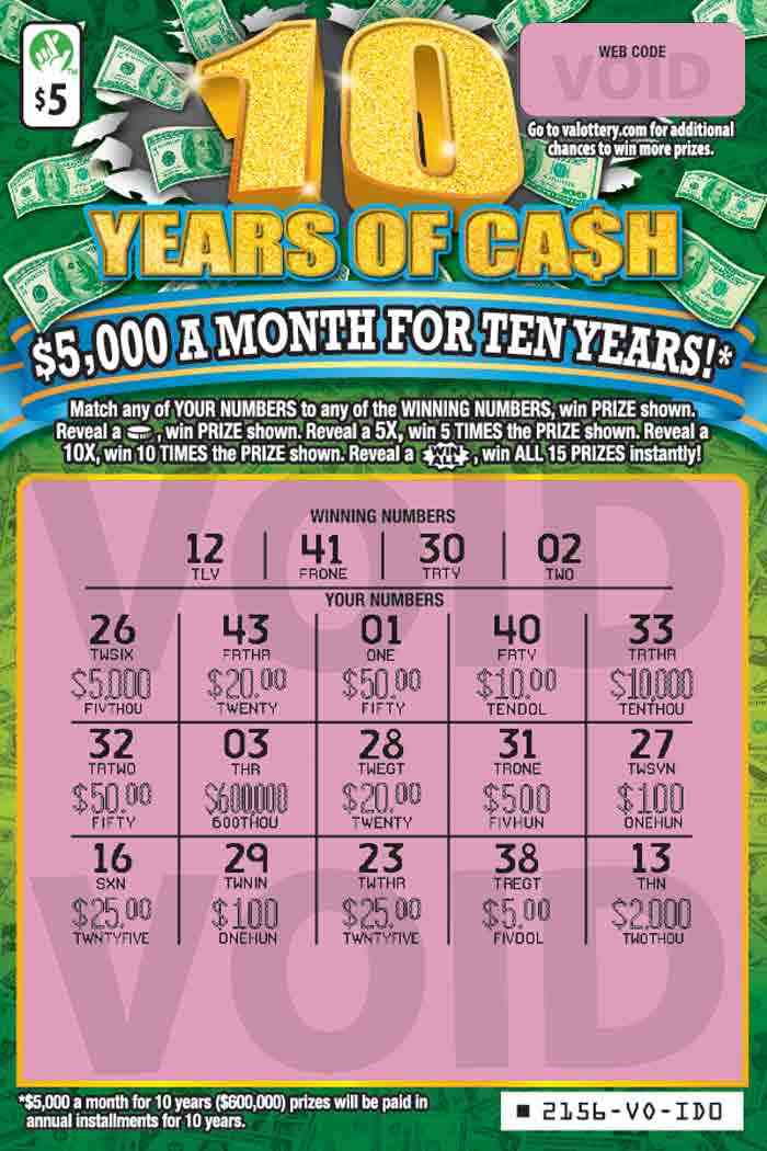 10 Years of Cash                                   scratchcard - game number #2156 - front