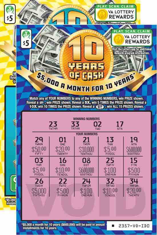 10 Years Of Cash scratchcard - game number #2357 - front-scratched