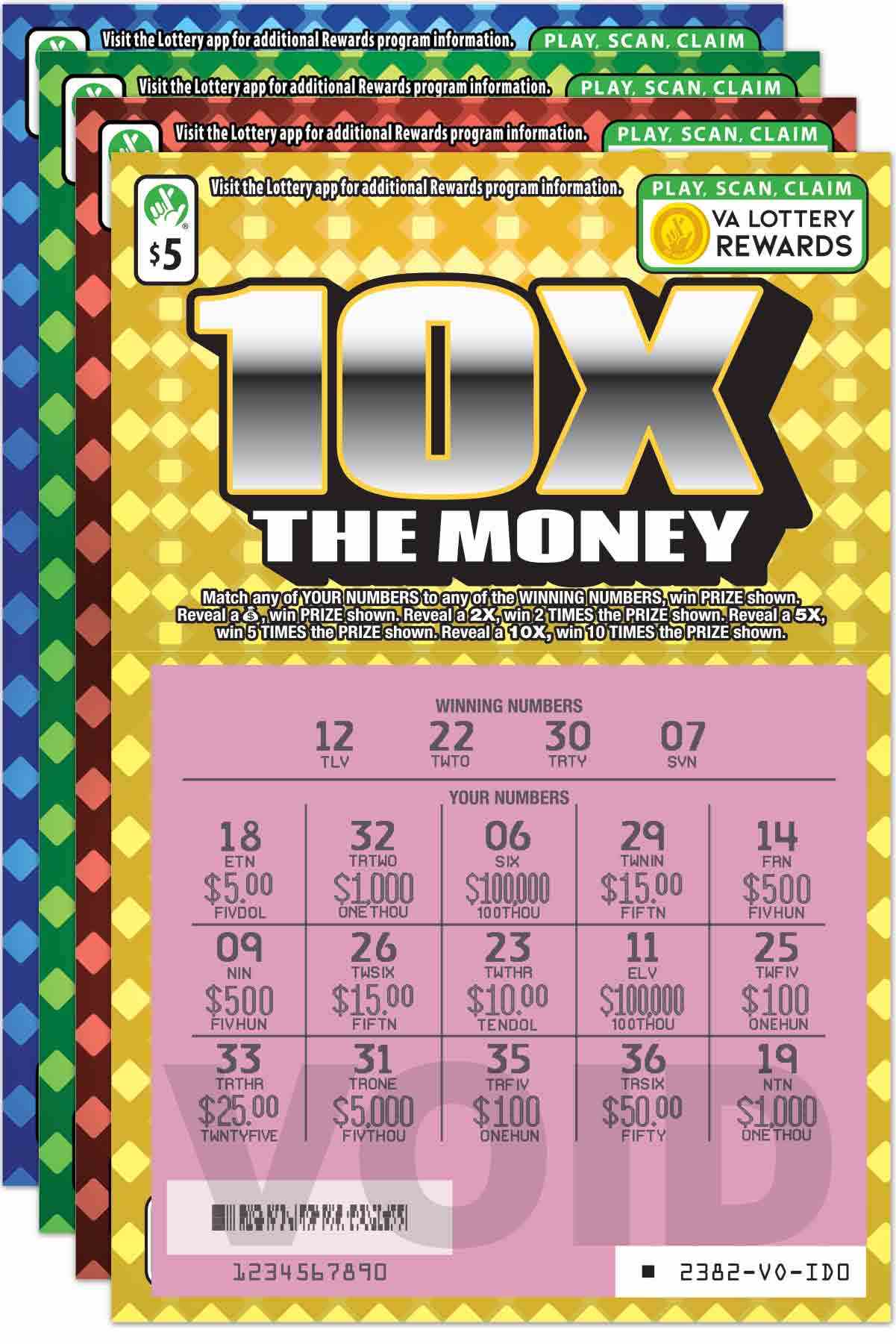 10X The Money scratchcard - game number #2382 - front-scratched