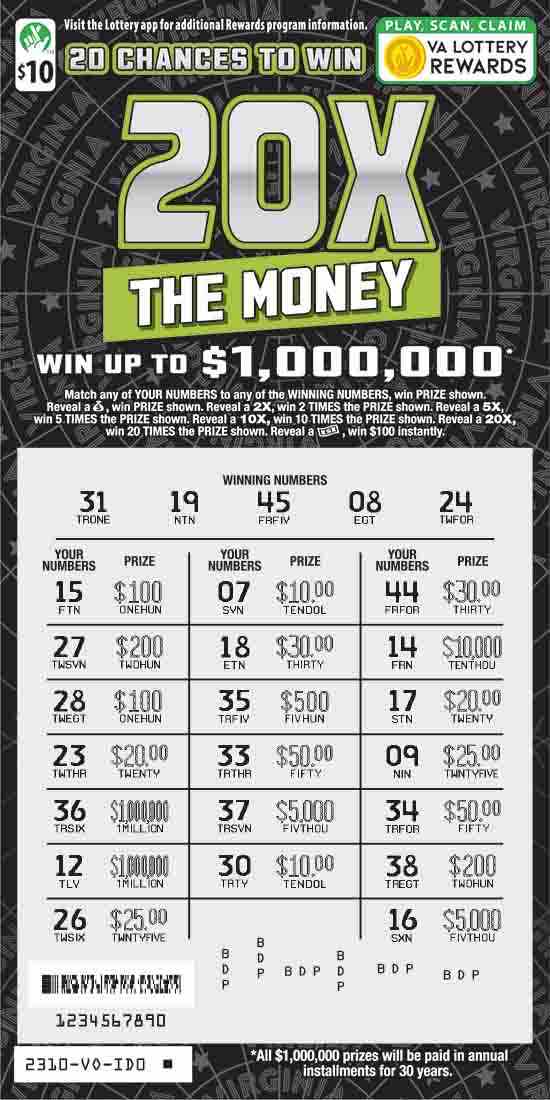 20X The Money scratchcard - game number #2310 - front-scratched