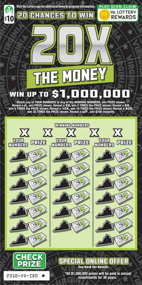 20X The Money scratchcard - game number #2310 - front