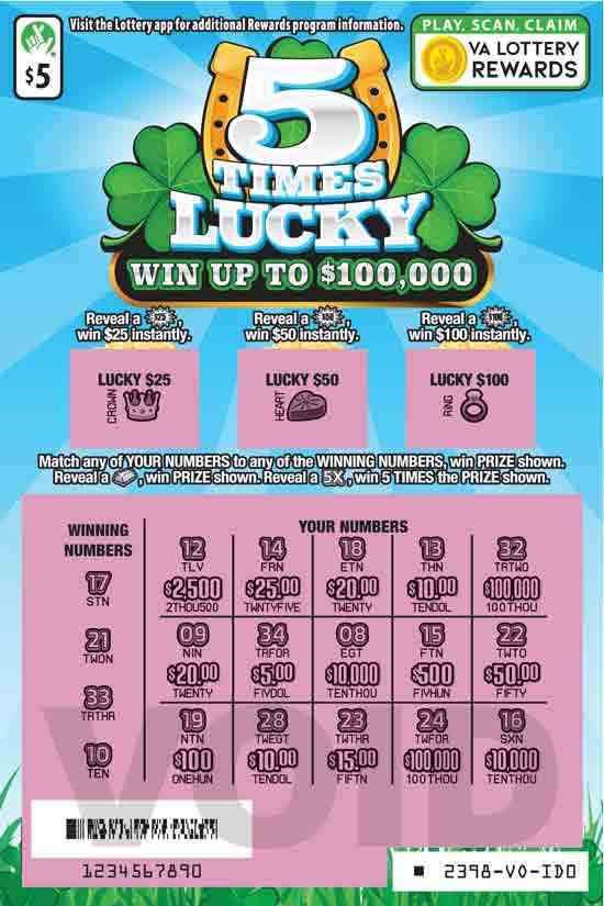 5 Times Lucky scratchcard - game number #2398 - front-scratched