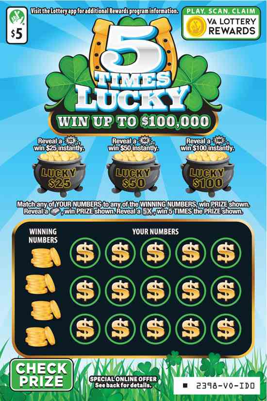 5 Times Lucky scratchcard - game number #2398 - front