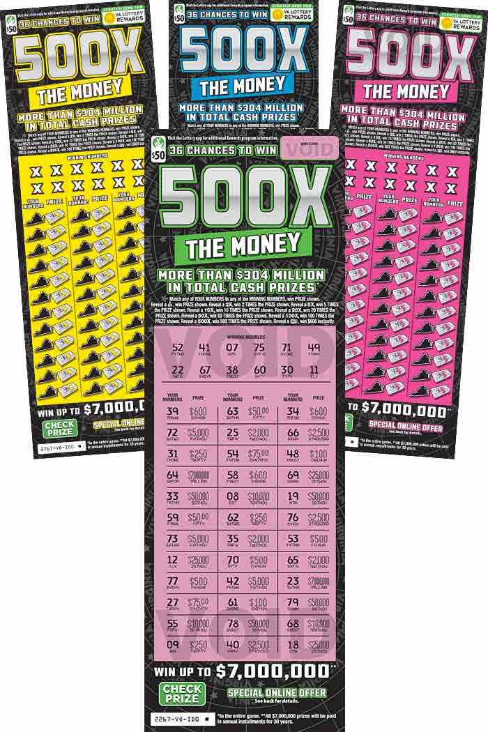 500X The Money scratchcard - game number #2267 - front-scratched