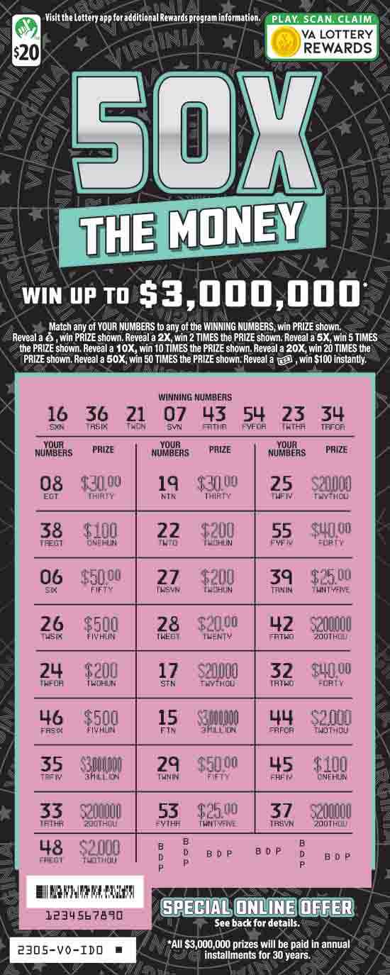 50X The Money scratchcard - game number #2305 - front-scratched