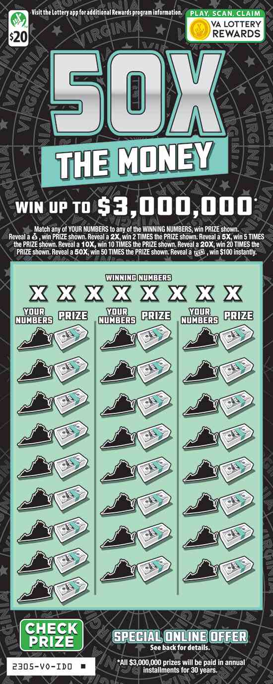 50X The Money scratchcard - game number #2305 - front