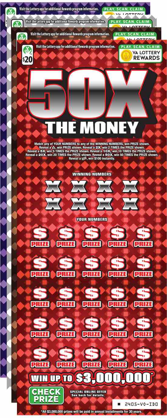 50X The Money scratchcard - game number #2405 - front-scratched