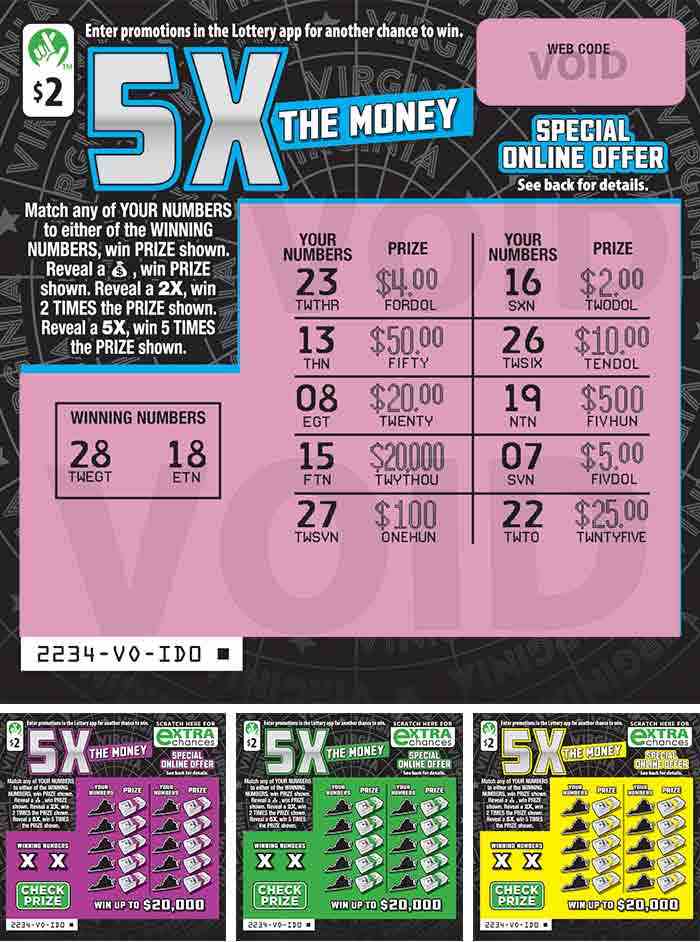 5X The Money scratchcard - game number #2234 - front-scratched