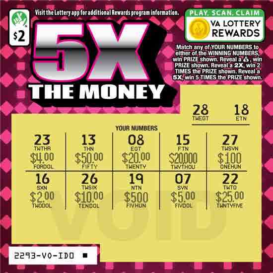 5X The Money scratchcard - game number #2293 - front-scratched