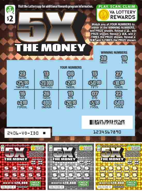 5X The Money scratchcard - game number #2406 - front-scratched
