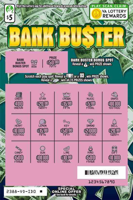 Bank Buster scratchcard - game number #2388 - front-scratched