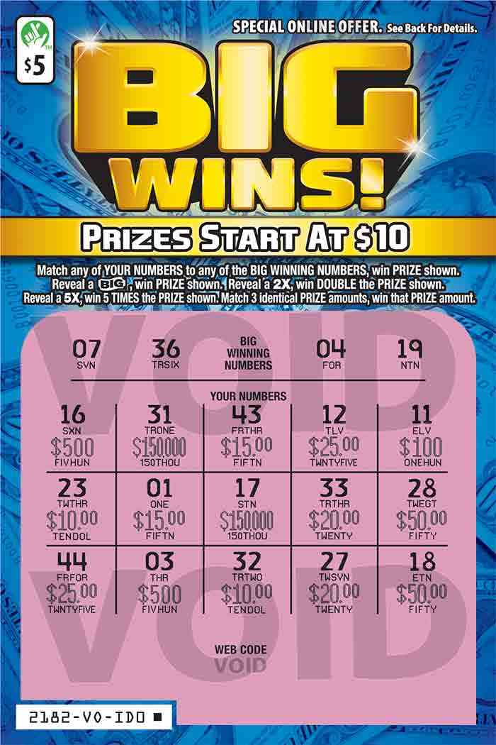 Big Wins!                                          scratchcard - game number #2182 - front