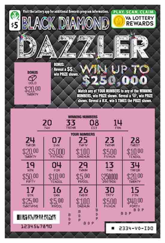 Black Diamond Dazzler scratchcard - game number #2334 - front-scratched