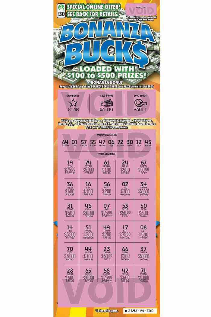 Bonanza Buck$ scratchcard - game number #2198 - front-scratched