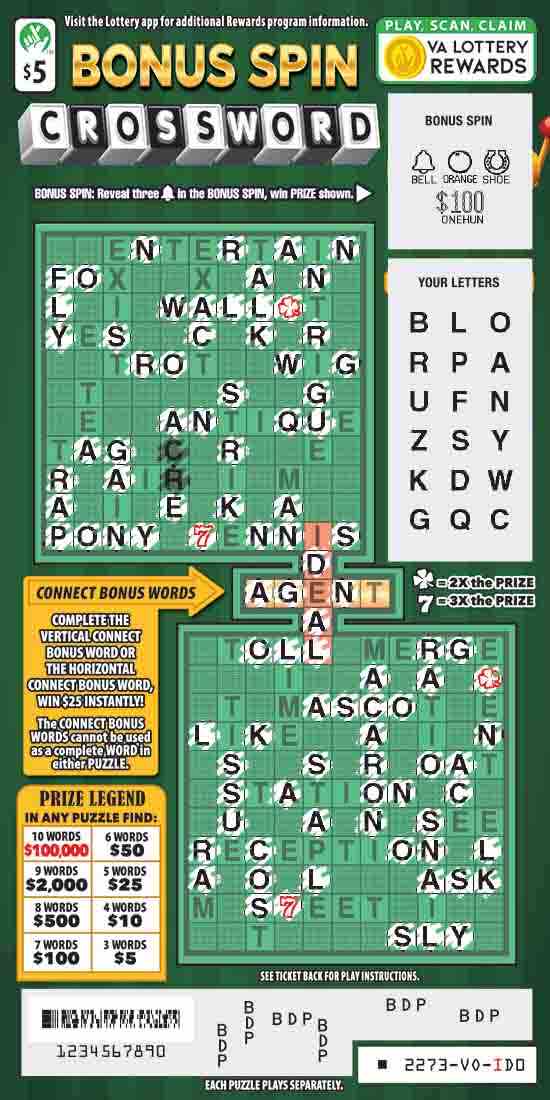 Bonus Spin Crossword scratchcard - game number #2273 - front-scratched