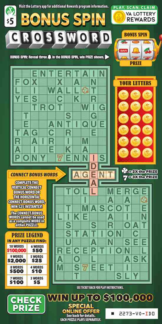 Bonus Spin Crossword scratchcard - game number #2273 - front