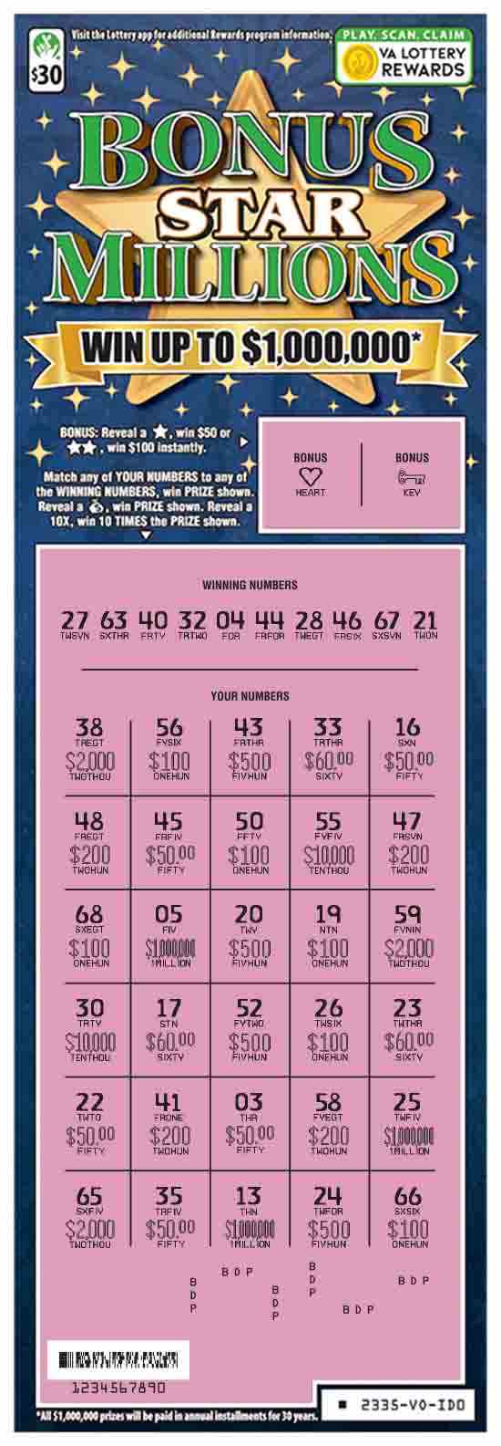 Bonus Star Millions scratchcard - game number #2335 - front-scratched
