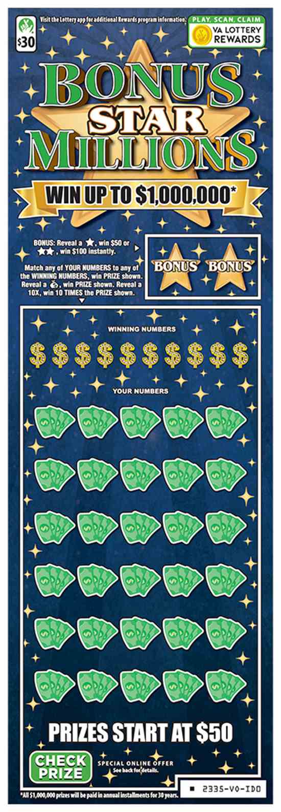 Bonus Star Millions scratchcard - game number #2335 - front