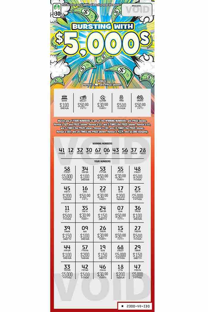 Bursting With $5,000S scratchcard - game number #2300 - front-scratched