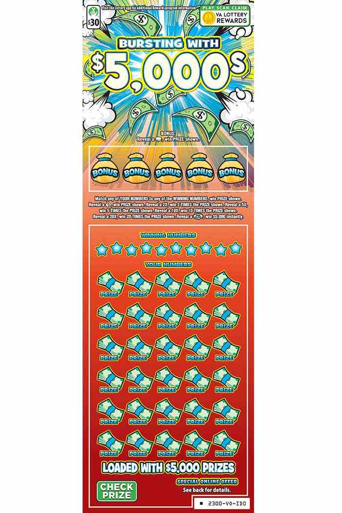 Bursting With $5,000S scratchcard - game number #2300 - front