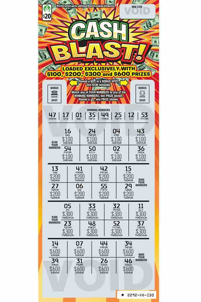 Cash Blast scratchcard - game number #2292 - front-scratched