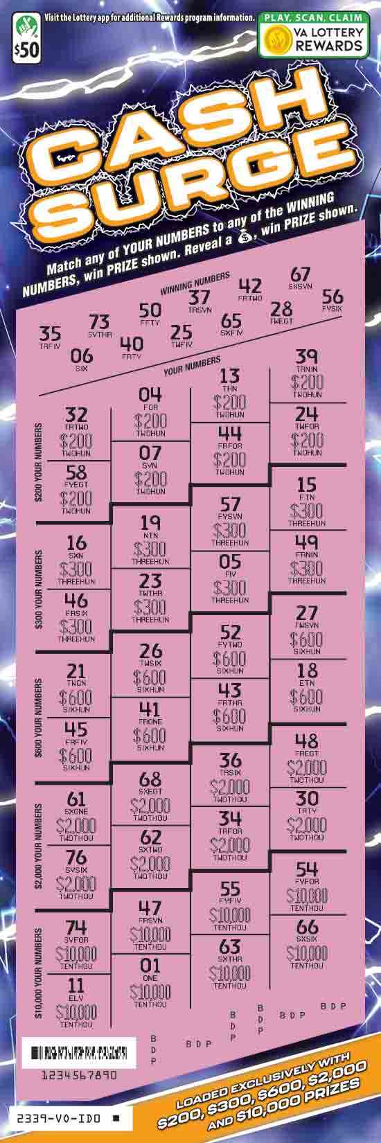 Cash Surge scratchcard - game number #2339 - front-scratched