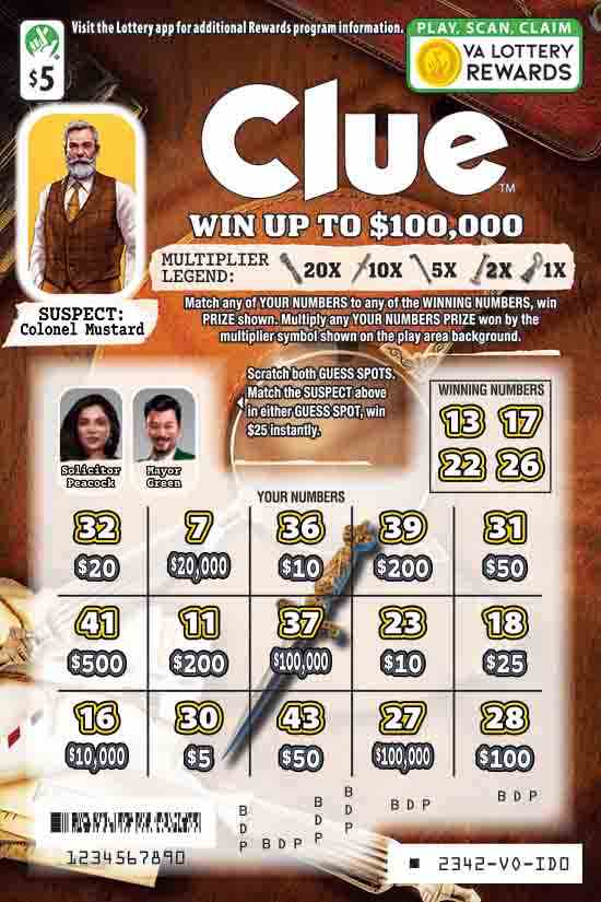 Clue scratchcard - game number #2342 - front-scratched