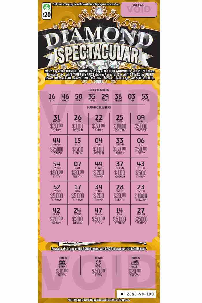 Diamond Spectacular scratchcard - game number #2285 - front-scratched