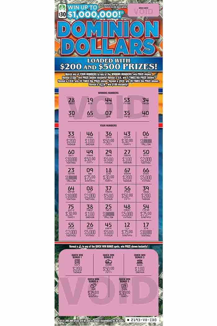 Dominion Dollars scratchcard - game number #2193 - front-scratched
