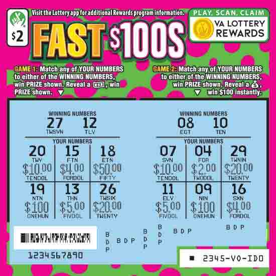 Fast $100S scratchcard - game number #2345 - front-scratched