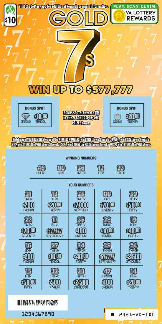 Gold 7S scratchcard - game number #2421 - front-scratched