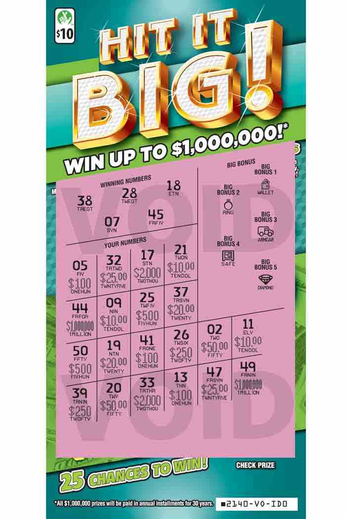 Hit It Big! scratchcard - game number #2140 - front-scratched