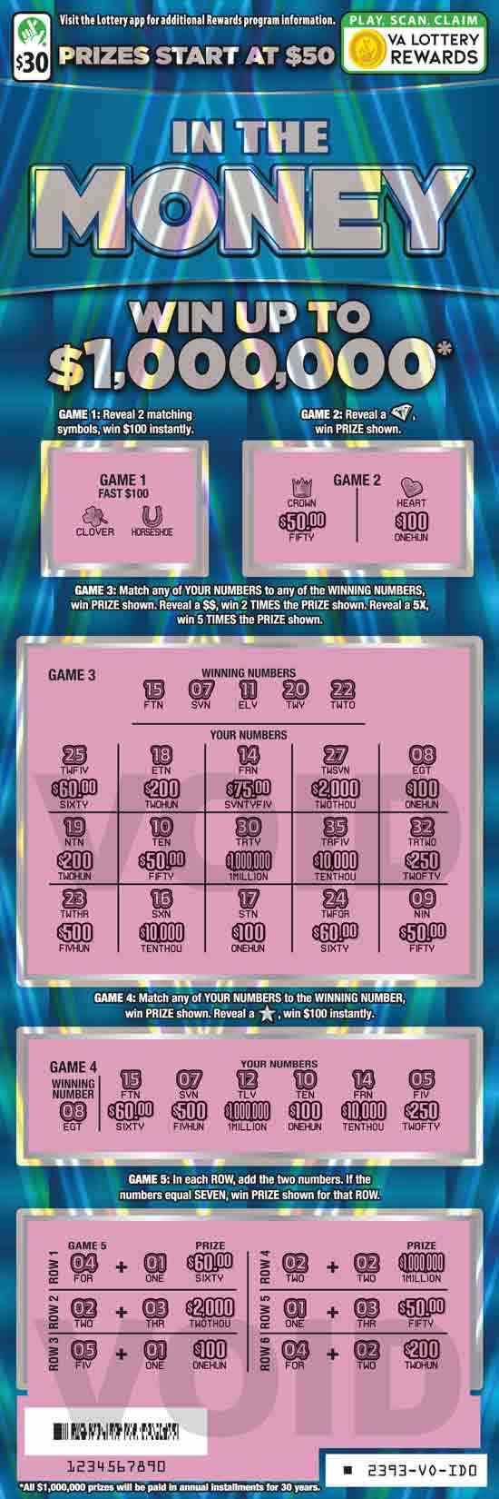 In The Money scratchcard - game number #2393 - front-scratched