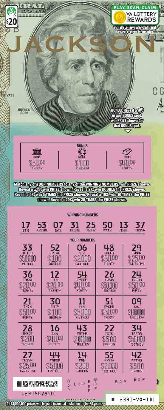 Jackson scratchcard - game number #2330 - front-scratched