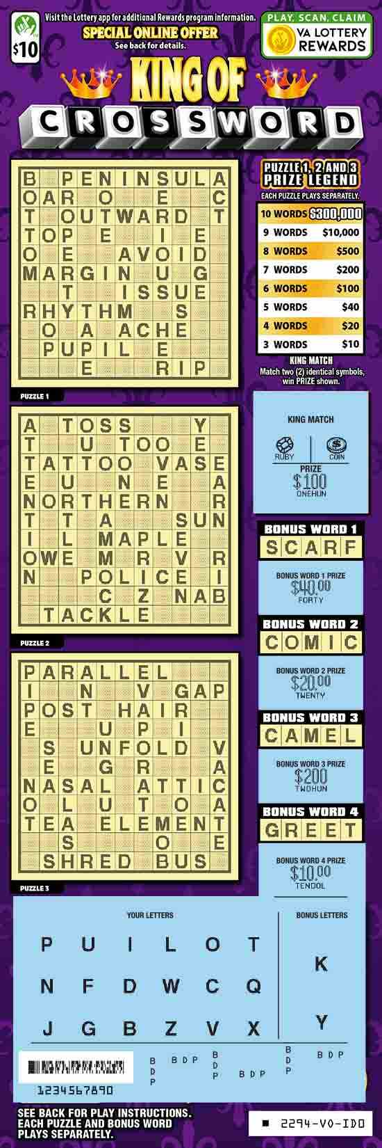 King Of Crossword scratchcard - game number #2294 - front-scratched