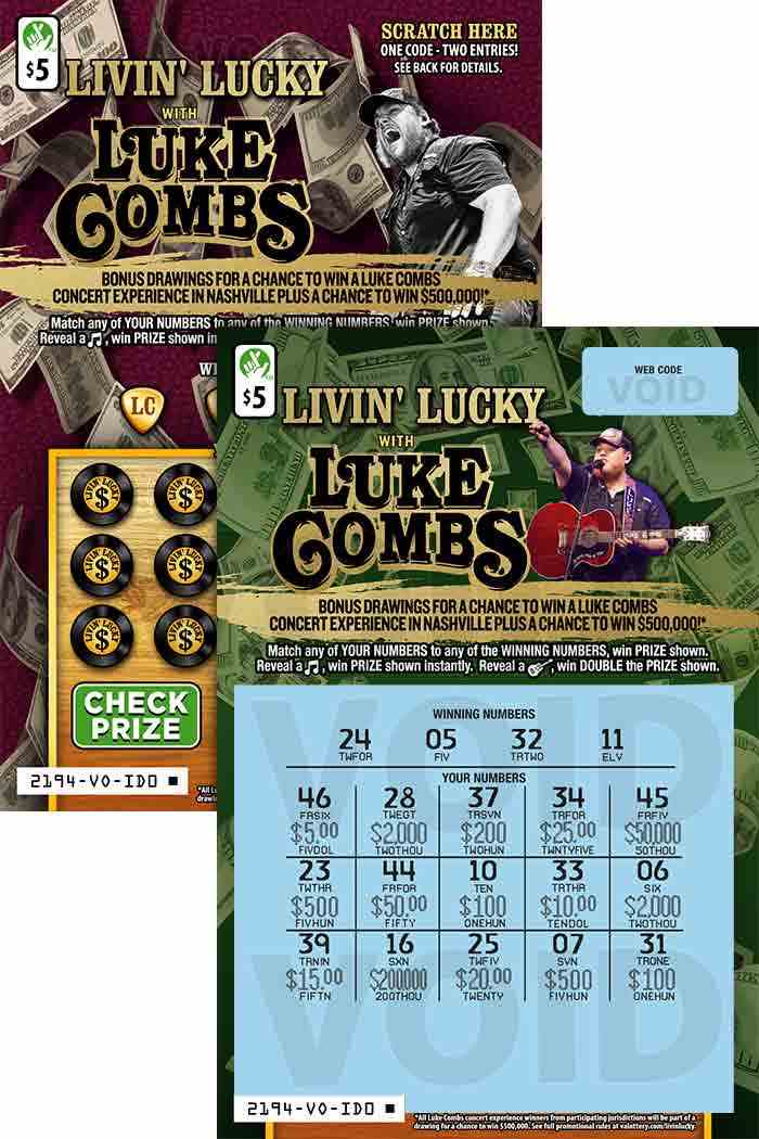 Livin Lucky With Luke Combs scratchcard - game number #2194 - front-scratched