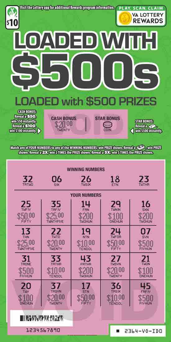 Loaded With $500S scratchcard - game number #2364 - front-scratched