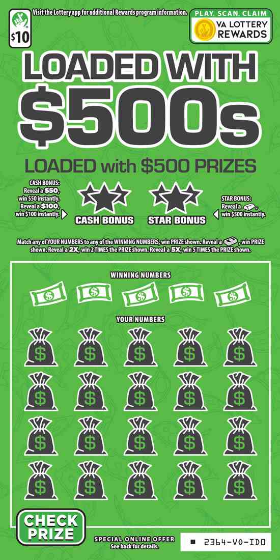 Loaded With $500S scratchcard - game number #2364 - front